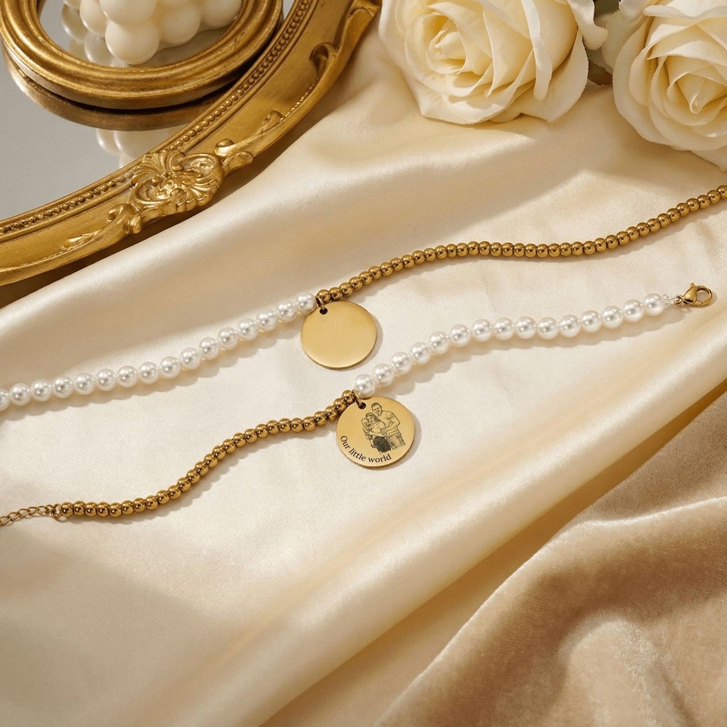 Bracelet Perles de Nacre & Médaille Gravée